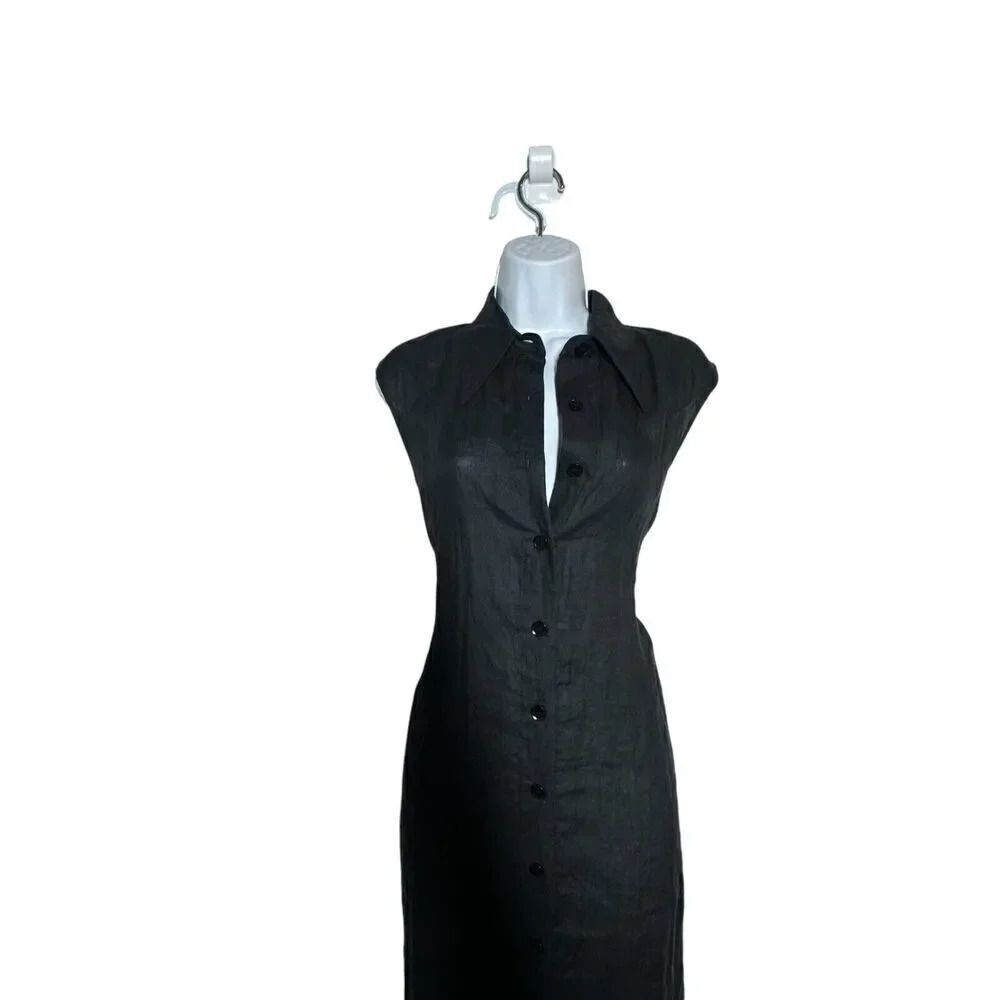 SCANLAN THEODORE black 100% linen maxi dress sleeveless shirt dress US size 2 - Picture 3 of 9